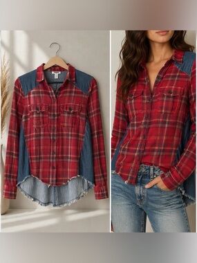 Free People Red Plaid Denim Contrast Button Down Top | XS Western Hi-Low Shirt